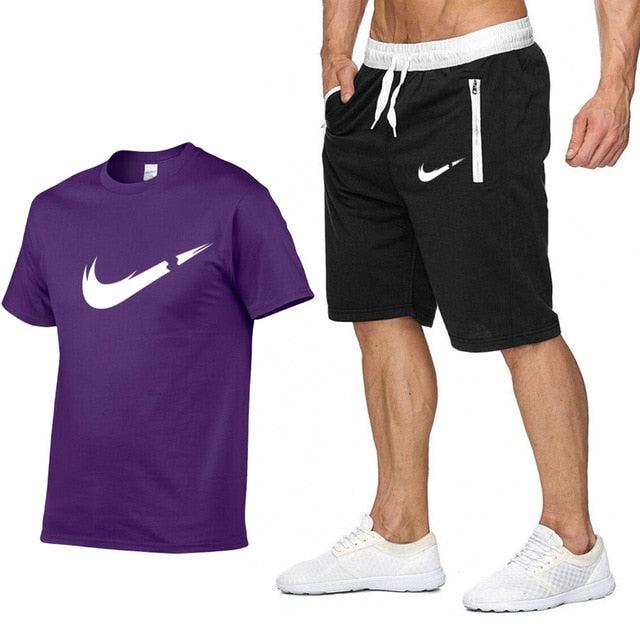 2019 New Brand Clothing Two Pieces Sets Men T-shirt Swag T-Shirt Cotton Print T shirt Homme Fitness Camisetas Hip Hop Tees+Short