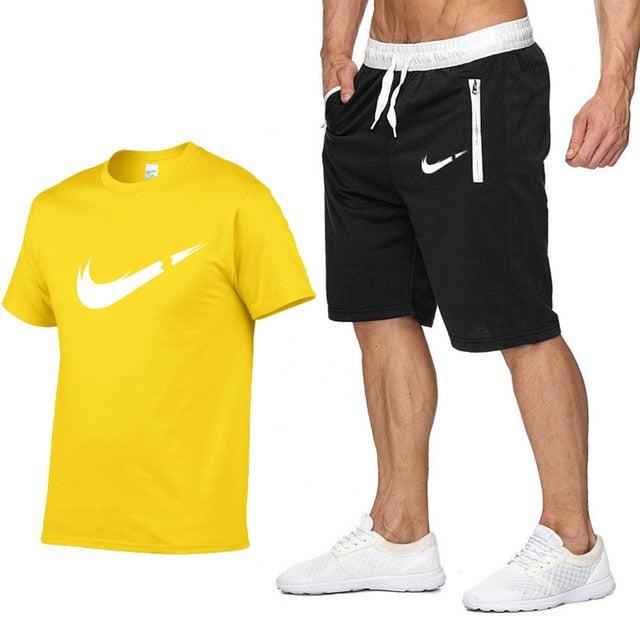 2019 New Brand Clothing Two Pieces Sets Men T-shirt Swag T-Shirt Cotton Print T shirt Homme Fitness Camisetas Hip Hop Tees+Short