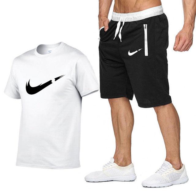 2019 New Brand Clothing Two Pieces Sets Men T-shirt Swag T-Shirt Cotton Print T shirt Homme Fitness Camisetas Hip Hop Tees+Short