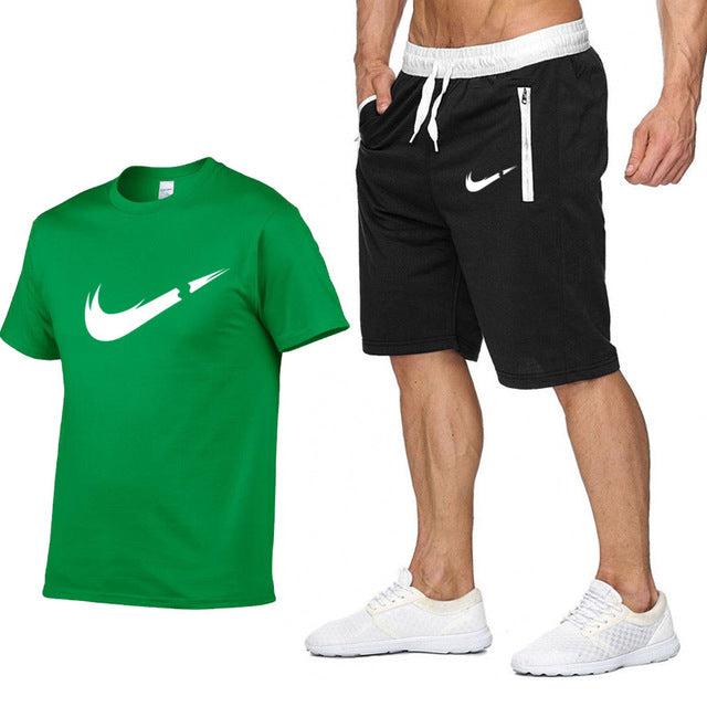 2019 New Brand Clothing Two Pieces Sets Men T-shirt Swag T-Shirt Cotton Print T shirt Homme Fitness Camisetas Hip Hop Tees+Short