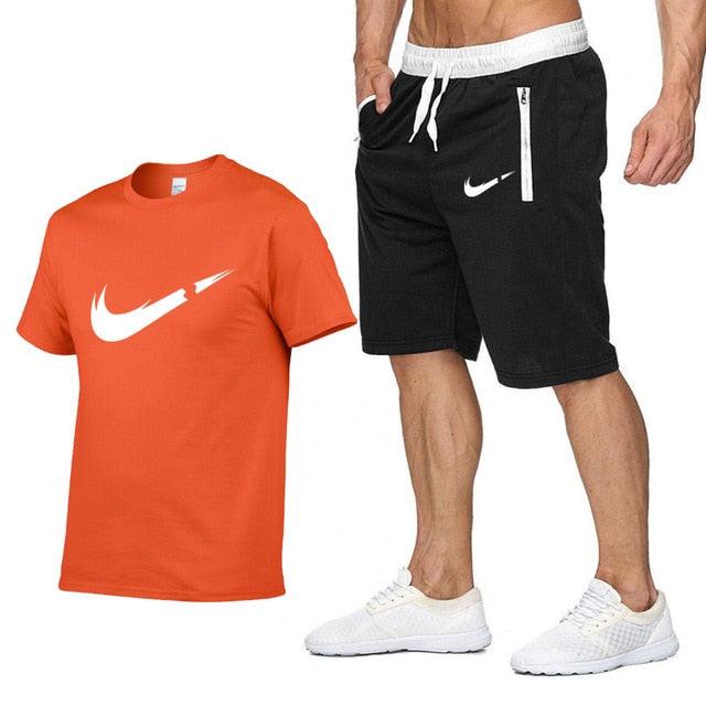 2019 New Brand Clothing Two Pieces Sets Men T-shirt Swag T-Shirt Cotton Print T shirt Homme Fitness Camisetas Hip Hop Tees+Short