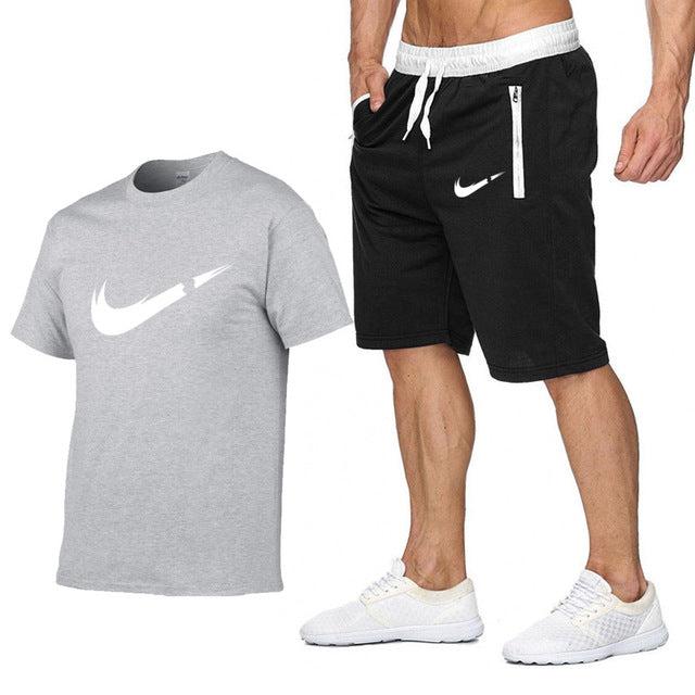 2019 New Brand Clothing Two Pieces Sets Men T-shirt Swag T-Shirt Cotton Print T shirt Homme Fitness Camisetas Hip Hop Tees+Short