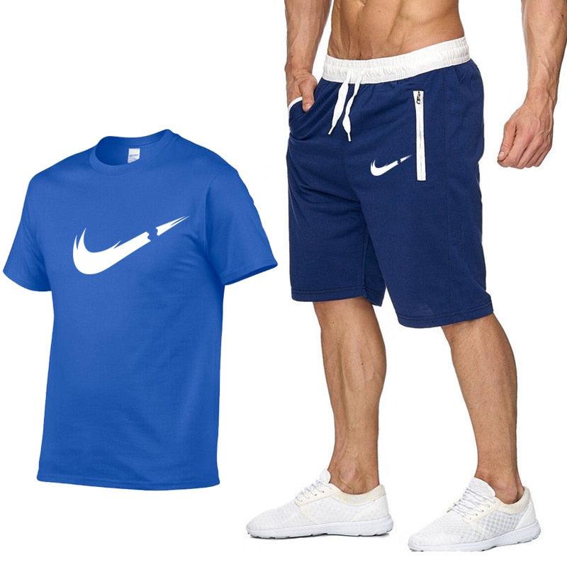 2019 New Brand Clothing Two Pieces Sets Men T-shirt Swag T-Shirt Cotton Print T shirt Homme Fitness Camisetas Hip Hop Tees+Short