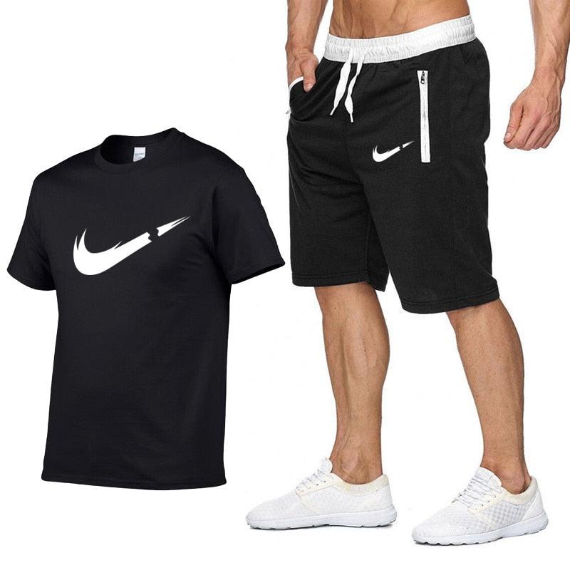 2019 New Brand Clothing Two Pieces Sets Men T-shirt Swag T-Shirt Cotton Print T shirt Homme Fitness Camisetas Hip Hop Tees+Short