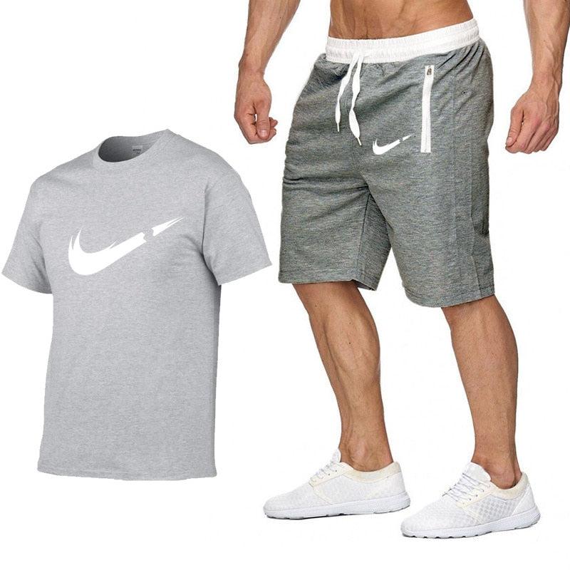 2019 New Brand Clothing Two Pieces Sets Men T-shirt Swag T-Shirt Cotton Print T shirt Homme Fitness Camisetas Hip Hop Tees+Short