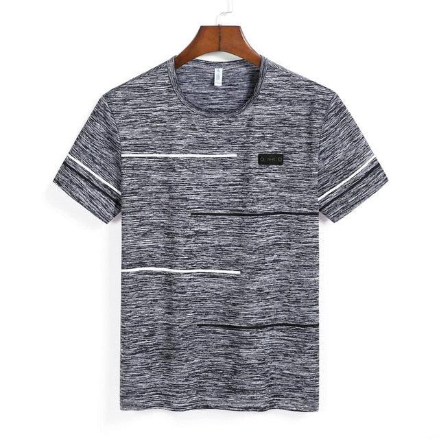 Free Ship Summer Striped T shirts Men Clothing Fitted Male Tshirts Fast Dry Short Sleeve Top Tee O-Neck China Size 4XL=52 Russia