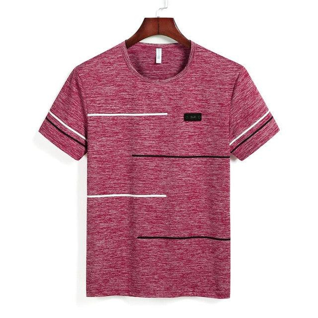 Free Ship Summer Striped T shirts Men Clothing Fitted Male Tshirts Fast Dry Short Sleeve Top Tee O-Neck China Size 4XL=52 Russia