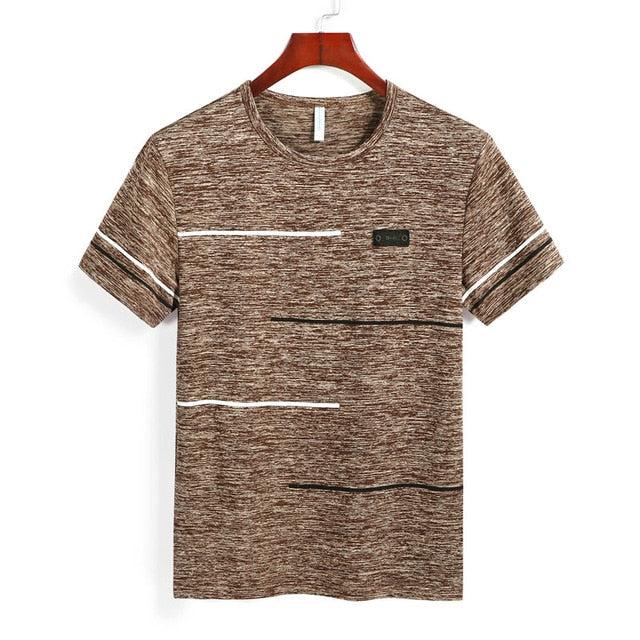Free Ship Summer Striped T shirts Men Clothing Fitted Male Tshirts Fast Dry Short Sleeve Top Tee O-Neck China Size 4XL=52 Russia