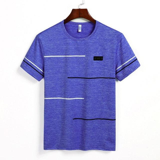 Free Ship Summer Striped T shirts Men Clothing Fitted Male Tshirts Fast Dry Short Sleeve Top Tee O-Neck China Size 4XL=52 Russia