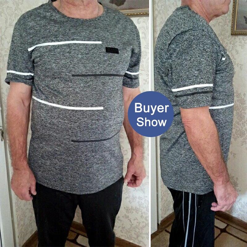 Free Ship Summer Striped T shirts Men Clothing Fitted Male Tshirts Fast Dry Short Sleeve Top Tee O-Neck China Size 4XL=52 Russia