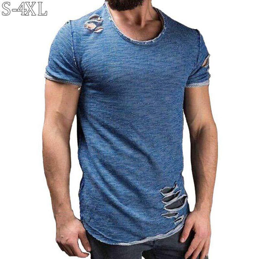 Plus Size 4XL Summer Streetwear Hole T Shirts Men Casual Short Sleeve Solid Men T Shirt Slim Fit Tee Shirt Homme New Men Clothes