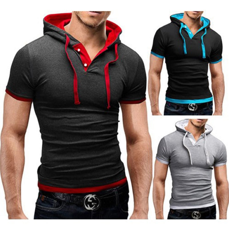 2019 Men Tshirt Summer Casual Hooded Tees Hot Sale Short Sleeve T-Shirt Homme Slim Fit Elastic Brand Clothing Male T shirt