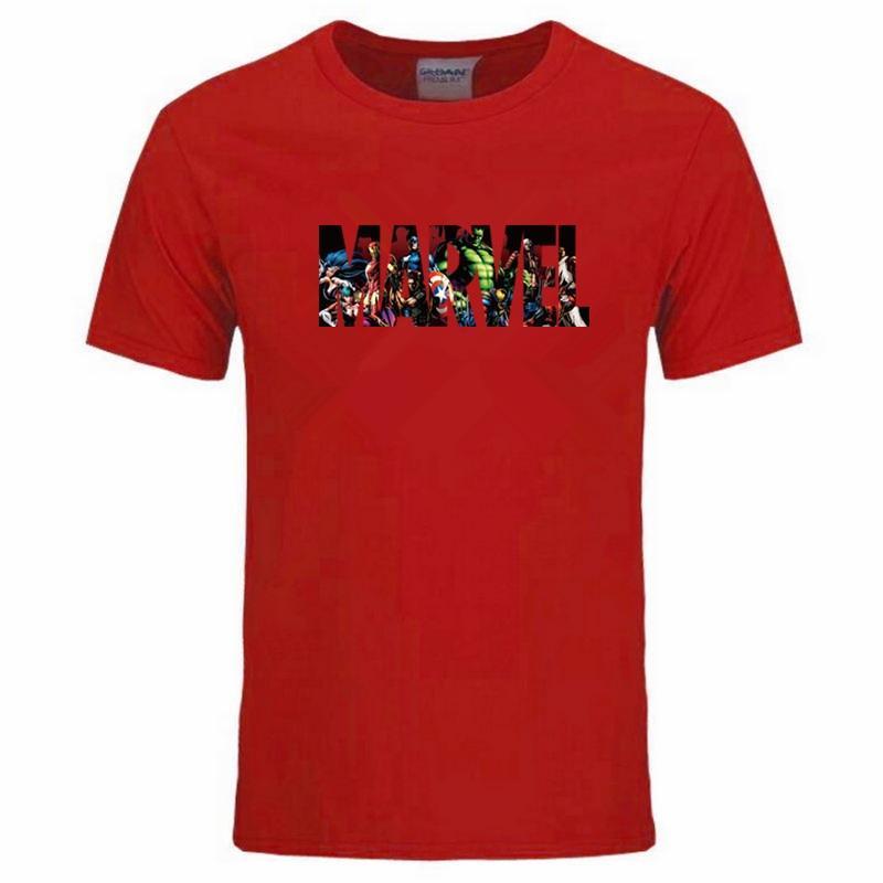 Red T-shirt featuring the word "MARVEL" with comic-style characters inside the letters.
