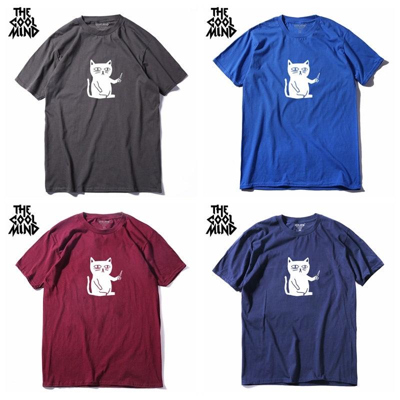 COOLMIND 100% cotton cool summer loose men T shirt casual short sleeve cat print men tshirt male summer t-shirt tops tee shirts - Huzhop04