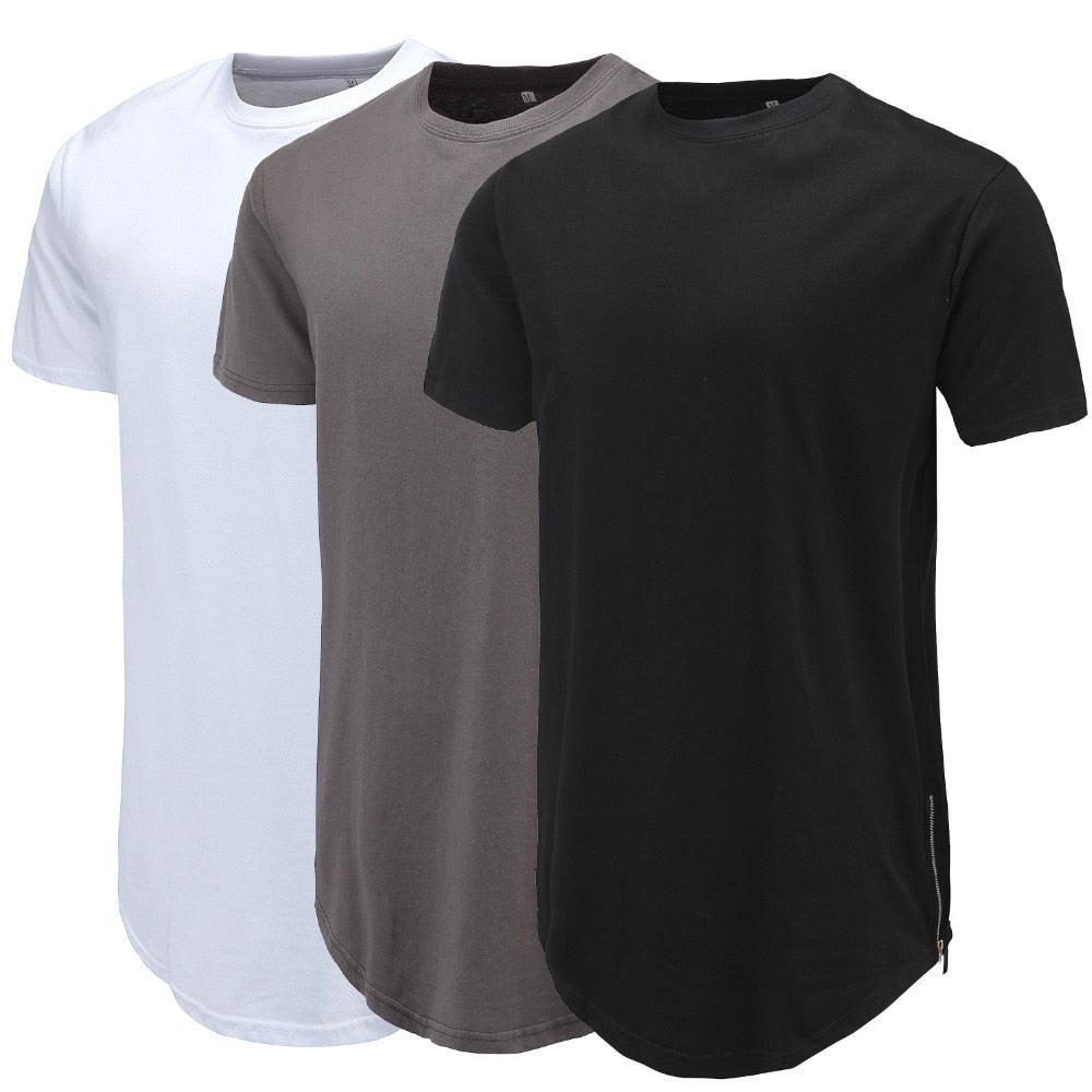 Men Casual T-Shirt Curve Hem Side With Zipper Short Sleeve Streetwear Men Long line Hip Pop Style Tops Fashion Men Extend Swag T - Huzhop04
