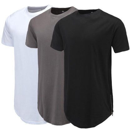 Men Casual T-Shirt Curve Hem Side With Zipper Short Sleeve Streetwear Men Long line Hip Pop Style Tops Fashion Men Extend Swag T - Huzhop04