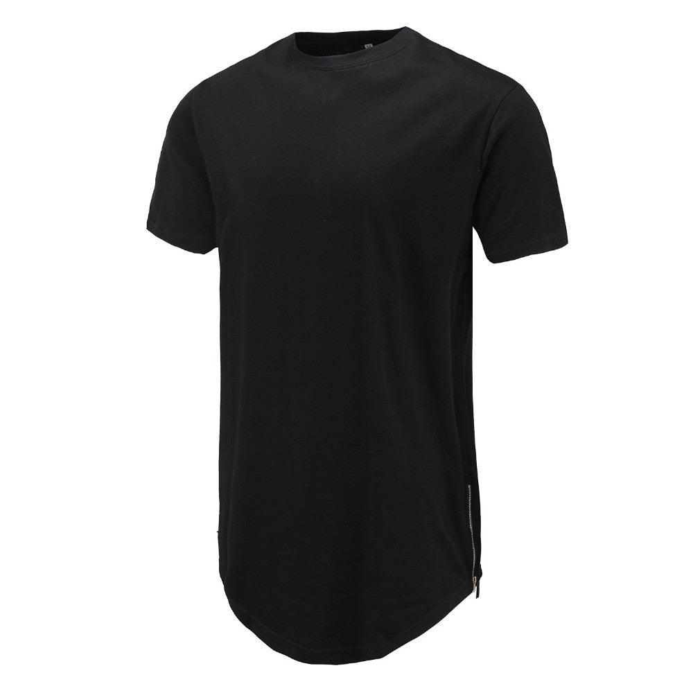 Men Casual T-Shirt Curve Hem Side With Zipper Short Sleeve Streetwear Men Long line Hip Pop Style Tops Fashion Men Extend Swag T - Huzhop04