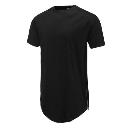 Men Casual T-Shirt Curve Hem Side With Zipper Short Sleeve Streetwear Men Long line Hip Pop Style Tops Fashion Men Extend Swag T - Huzhop04