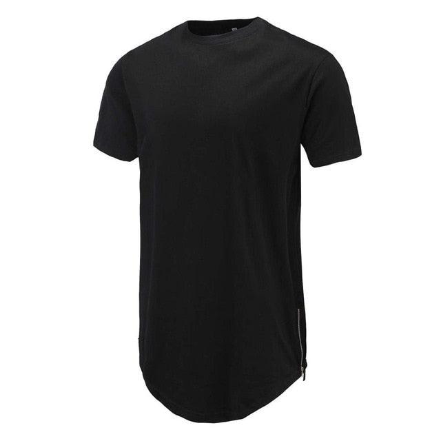 Men Casual T-Shirt Curve Hem Side With Zipper Short Sleeve Streetwear Men Long line Hip Pop Style Tops Fashion Men Extend Swag T - Huzhop04