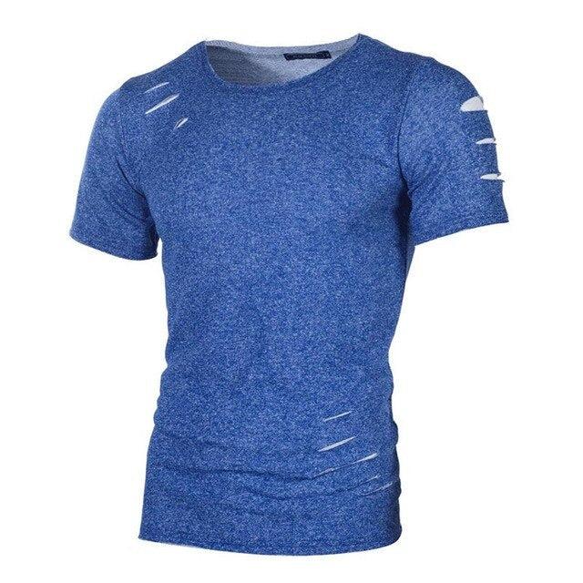 Plus Size 4XL Summer Streetwear Hole T Shirts Men Casual Short Sleeve Solid Men T Shirt Slim Fit Tee Shirt Homme New Men Clothes - Huzhop04