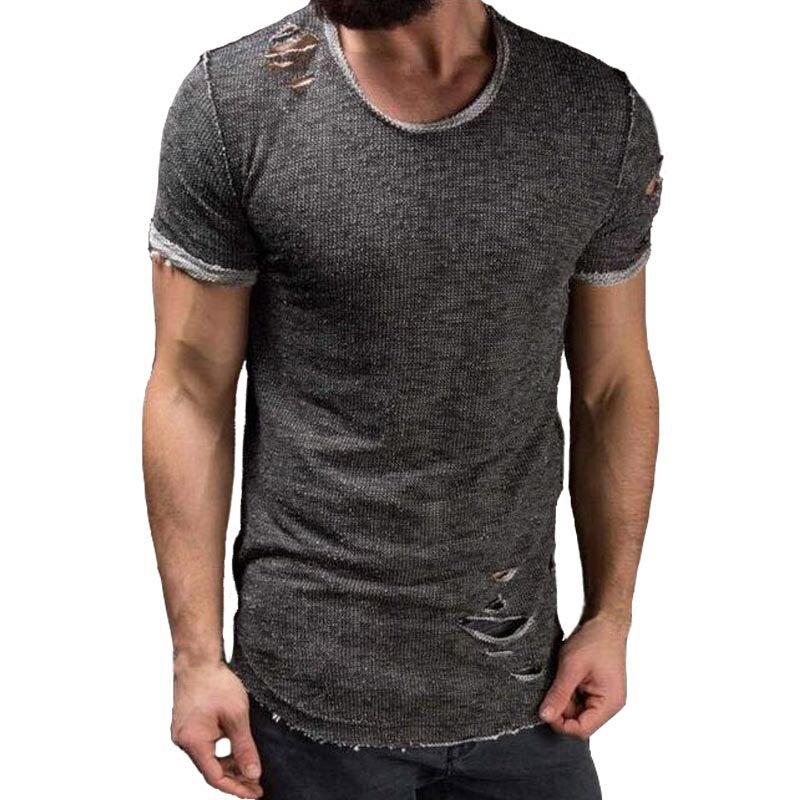 Plus Size 4XL Summer Streetwear Hole T Shirts Men Casual Short Sleeve Solid Men T Shirt Slim Fit Tee Shirt Homme New Men Clothes - Huzhop04