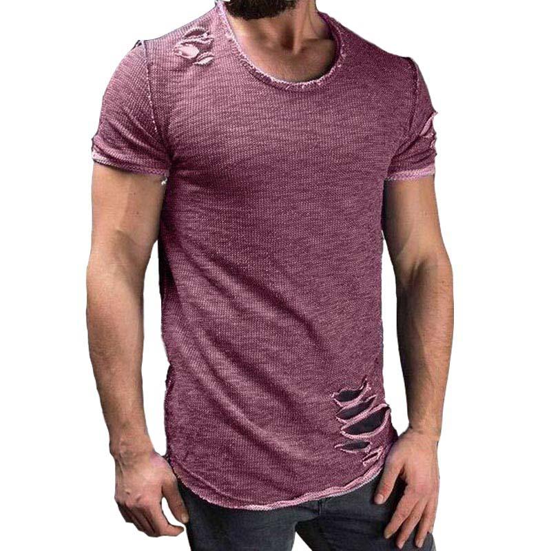 Plus Size 4XL Summer Streetwear Hole T Shirts Men Casual Short Sleeve Solid Men T Shirt Slim Fit Tee Shirt Homme New Men Clothes - Huzhop04