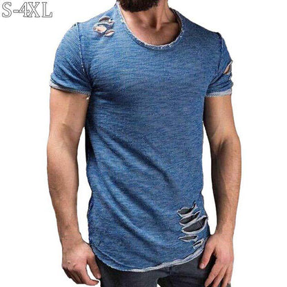 Plus Size 4XL Summer Streetwear Hole T Shirts Men Casual Short Sleeve Solid Men T Shirt Slim Fit Tee Shirt Homme New Men Clothes - Huzhop04