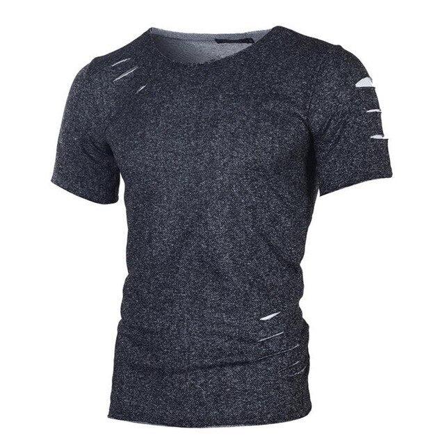 Plus Size 4XL Summer Streetwear Hole T Shirts Men Casual Short Sleeve Solid Men T Shirt Slim Fit Tee Shirt Homme New Men Clothes - Huzhop04