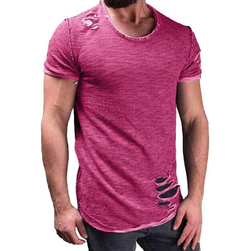 Plus Size 4XL Summer Streetwear Hole T Shirts Men Casual Short Sleeve Solid Men T Shirt Slim Fit Tee Shirt Homme New Men Clothes - Huzhop04