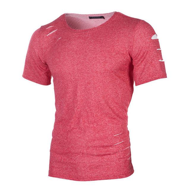 Plus Size 4XL Summer Streetwear Hole T Shirts Men Casual Short Sleeve Solid Men T Shirt Slim Fit Tee Shirt Homme New Men Clothes - Huzhop04