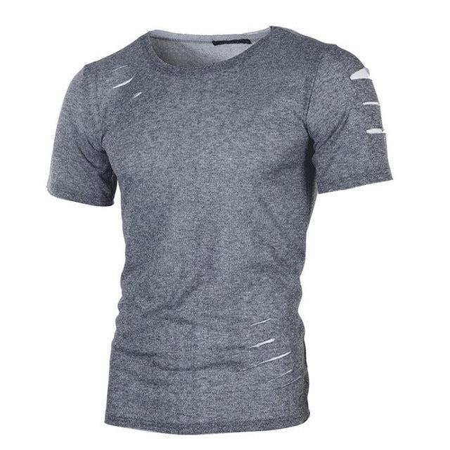 Plus Size 4XL Summer Streetwear Hole T Shirts Men Casual Short Sleeve Solid Men T Shirt Slim Fit Tee Shirt Homme New Men Clothes - Huzhop04