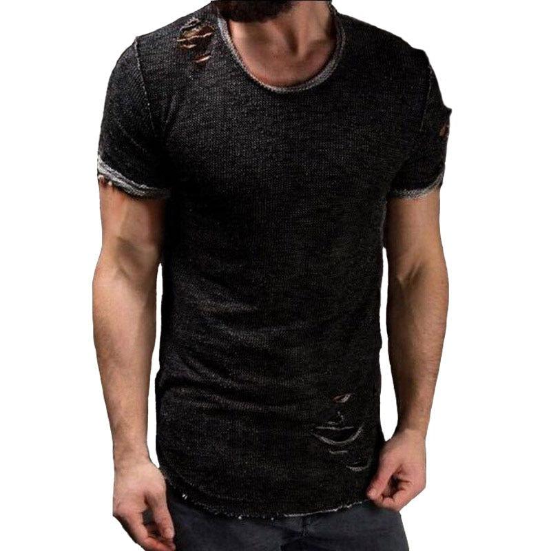 Plus Size 4XL Summer Streetwear Hole T Shirts Men Casual Short Sleeve Solid Men T Shirt Slim Fit Tee Shirt Homme New Men Clothes - Huzhop04