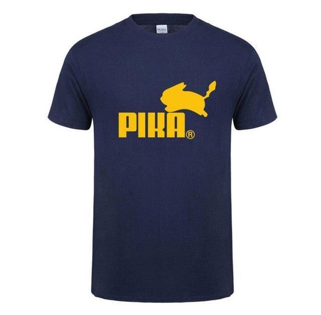 New fashion navy blue Pika T-shirt featuring a yellow Pikachu graphic, made from cotton with a casual short sleeve design.