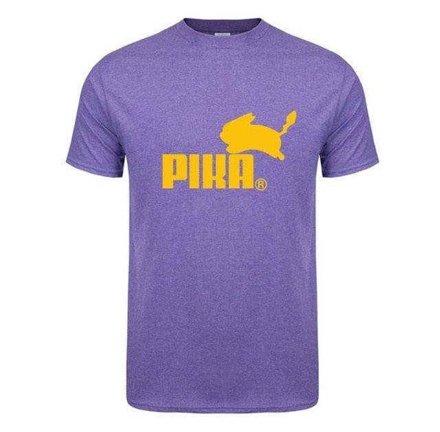 Men's purple cotton t-shirt featuring PIKA print, casual short sleeves, and O-neck collar for anime fans.