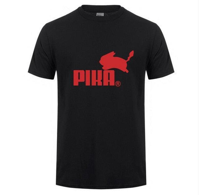 Black cotton casual men's T-shirt featuring a vibrant red Pika logo and short raglan sleeves.
