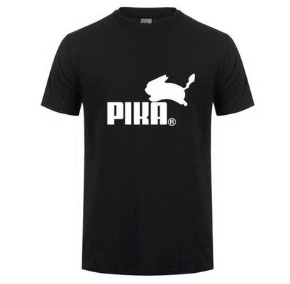 New black cotton t-shirt for men featuring a stylish white 'PIKA' print and Pikachu silhouette, casual short sleeve design.