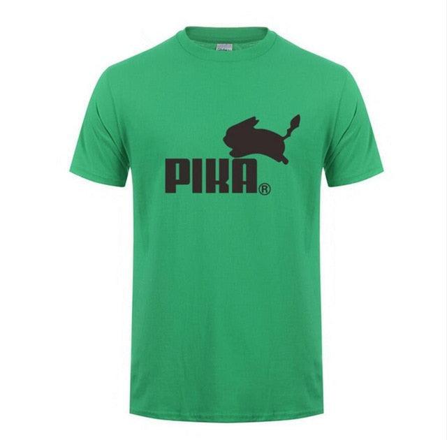New Fashion Print Pika T-Shirt for Men, Short Sleeve Cotton Tee featuring Pikachu design in green.