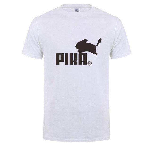 White cotton Pika T-shirt featuring a minimalist design with a rabbit silhouette and bold 'PIKA' text.
