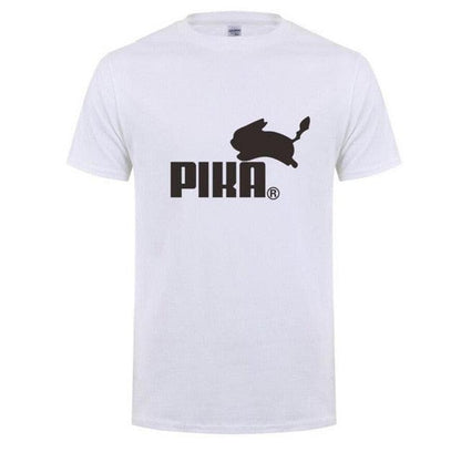 White cotton Pika T-shirt featuring a minimalist design with a rabbit silhouette and bold 'PIKA' text.